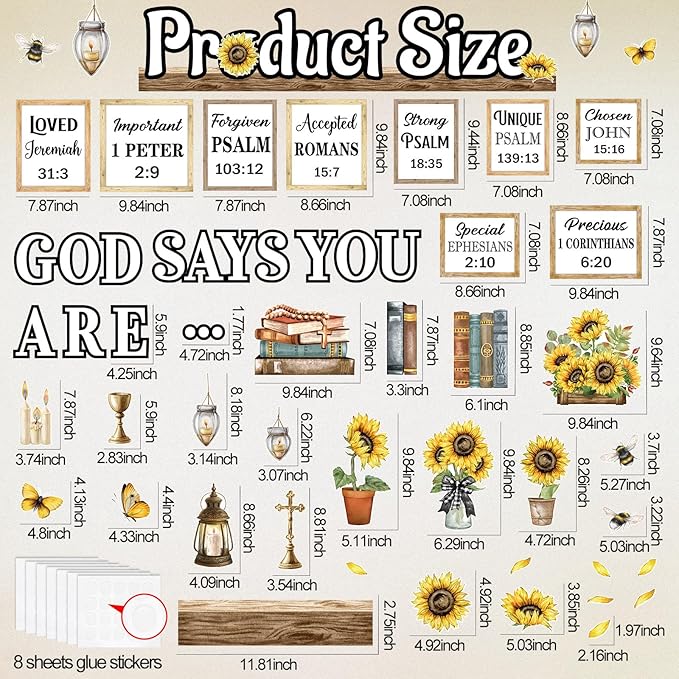 Qilery Sunflower Faith Bulletin Board Decorations Set, Cardstock Religious Wall Cutouts, Bulletin Board Borders & Letters, Christian Office Inspirational & Church Classroom Decor Kit, Adhesive Dots