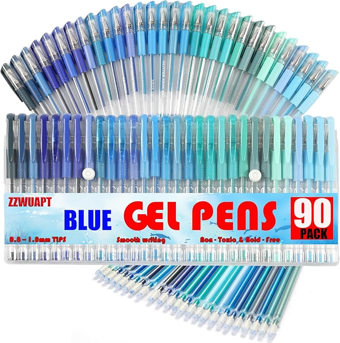 90 Pack Blue Tone Gel Pens, 30 Blue Tone Gel Pens with 60 Refills,40% More Ink Gel Pen Set for Adults Coloring Drawing Doodling Scrapbook Journaling