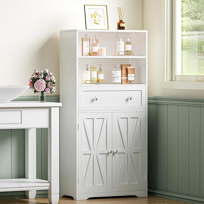VECELO Bathroom Floor Storage Cabinet with Drawer, Freestanding Storage Unit with Adjustable Shelves, Open Compartments, for Bathroom, Living Room, Kitchen, White