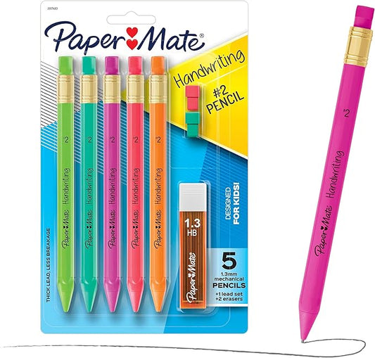 Paper Mate Handwriting Triangular Mechanical Pencil Set with Lead & Eraser Refills, 1.3mm, 8 Count - Back to School, Teacher Supplies, Home, Kids Writing, Fun Barrel Colors