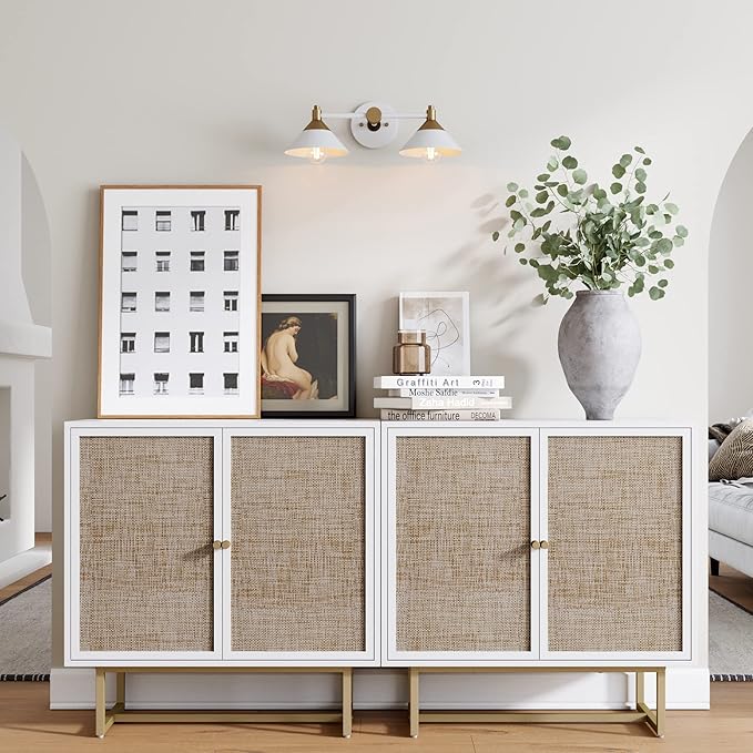 Nathan James Kova Rattan Wood Accent Natural Sideboard Storage Cabinet TV Stand with Matte Metal Frame, Adjustable Shelves and Cane Doors, for Hallway, or Living Room, White/Cane/Brass, Set of 2