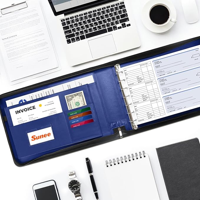 SUNEE Zippered Business Checkbook Binder 7 Ring 1 Inch with Zipper for Business Checks (9" x 13"), PU Leather Check Binder Holds 600 Checks Capacity for Executive Supplies, Blue