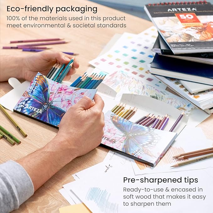 ARTEZA Metallic Colored Pencils, 50 Coloring Pencils, Triangular Grip, Pre-Sharpened Metallic Pencils Set, Art Supplies for Drawing