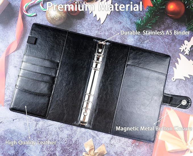5.5x8.5 Inch Faux Leather Notebook with 30 Pack 60 Pockets Sleeve Refill Pages,6 Ring A5 Binder Album Collection Holder Book, Ultra-Clear Photo Binder Protector, Double-Sided and Top Loading