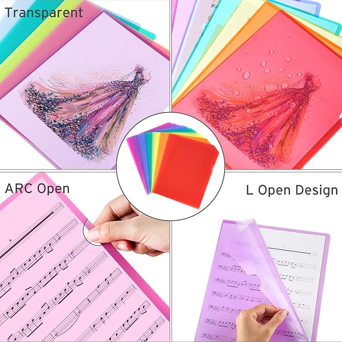 Sooez 36 Pack Clear Document Folder Project Pockets, Clear Plastic Folders Letter Size Plastic Document Folders Paper Poly Jacket Sleeves Folders Copy, 6 Assorted Colors