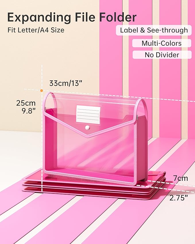 2 Pack Plastic Expanding File Folder, Transparent envelopes with Snap Closure, Fit Letter/A4 Size for School/Office/Home/Hospital, No Dividers, Large Capacity（Pink）