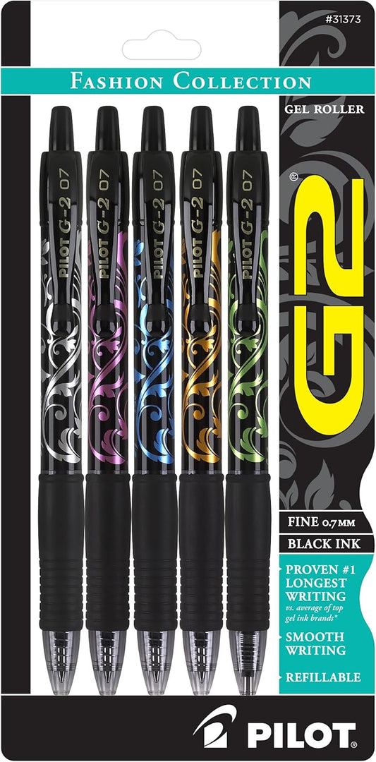 Pilot, G2 Premium Gel Roller Pens, Fine Point 0.7 mm, Fashion Collection, Black, Pack of 5