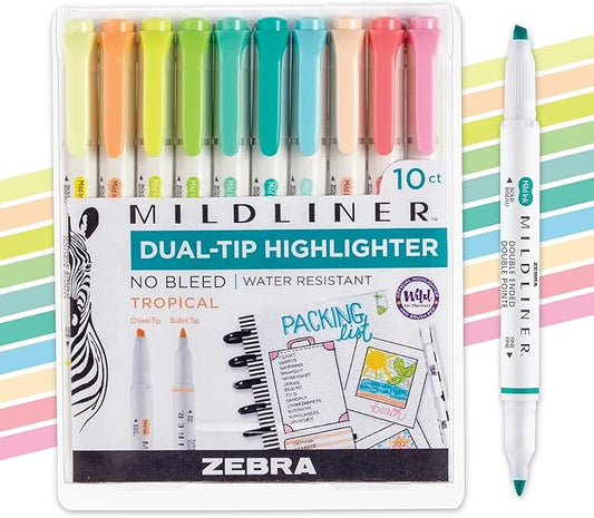 Zebra Pen Mildliner Dual-Tip Highlighter Set, Broad and Fine Point Tips, No Bleed, Ideal for Bible Highlighting, Journaling, School and Office Supplies, Tropical Bisque Ink Colors, 10-Pack (78301)