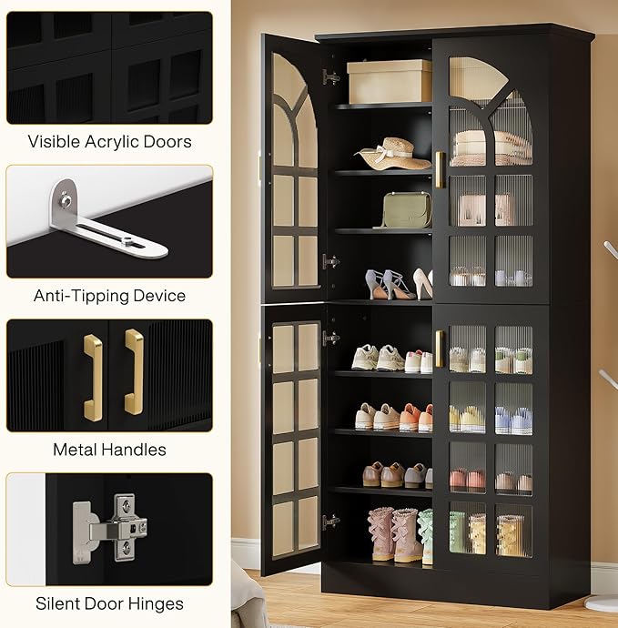 Tribesigns 69" Tall Shoe Cabinet with Doors and Led Light, 8-Tier Wooden Shoe Rack Organizer with Adjustable Shelves, Narrow Shoe Storage Cabinet for Entryway, Hallway, Living Room, Black (Set of 2)