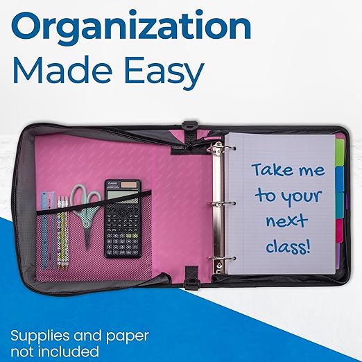 Case-it Classic Zipper Binder | 2-Inch O-Rings, 350 Sheet Capacity, Multiple Storage Pockets & Shoulder Strap | School & Office Organizer | D-251 Light Pink (Pack of 6)