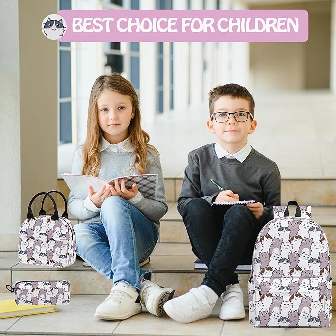 Cat Cute 3PCS Backpack Set for Teens Elementary Middle High School, 17 Inch Lightweight Classic Backpack 3 in 1 Set for Girls Boys, Kids Back to School Backpack with Lunch Box Pencil Case