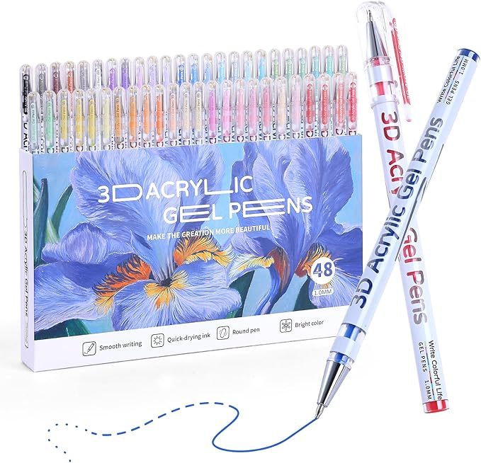 3D Acrylic Gel Pen,48 Colors gel Pens With 1mm Bullet Tip Point, Acrylic Paint Pens for Black Paper,Rock Painting, Glass, Wood, Fabric,Cards,Scrapbook,DIY Art Crafts