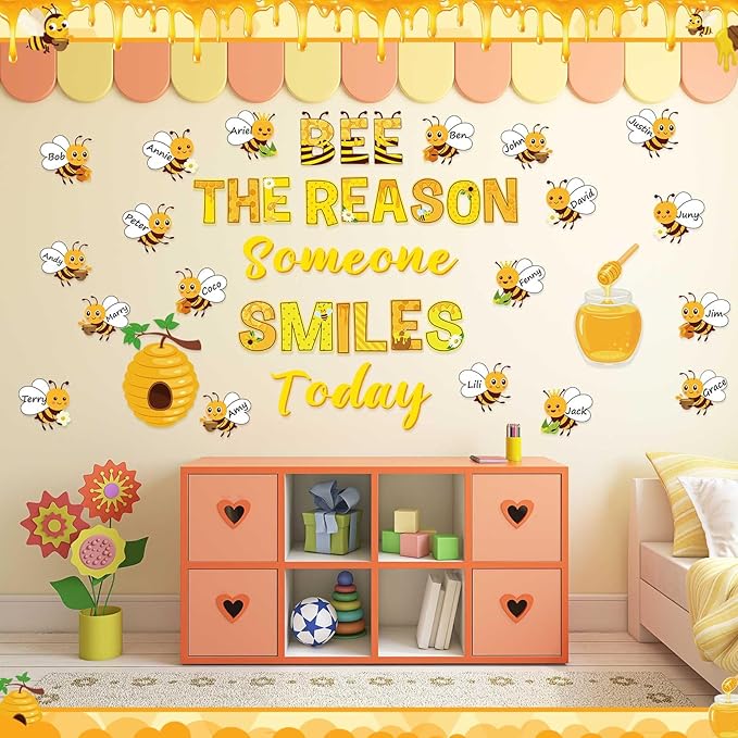 Pasimy Spring Bulletin Board Decorations 3D Sunflower Bulletin Board Set Bee Classroom Decor Honeycomb Butterfly Flower Cutouts Spring Borders for Home Office Wall Door Window Supplies(Honeybee)