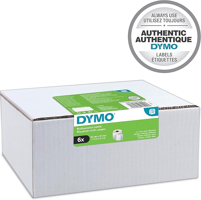 DYMO Authentic LabelWriter Multi-Purpose Labels, 32mm x 57mm, 6 Rolls of 1,000 Easy-Peel Labels (6,000 Count), Self-Adhesive, for LabelWriter Label Makers