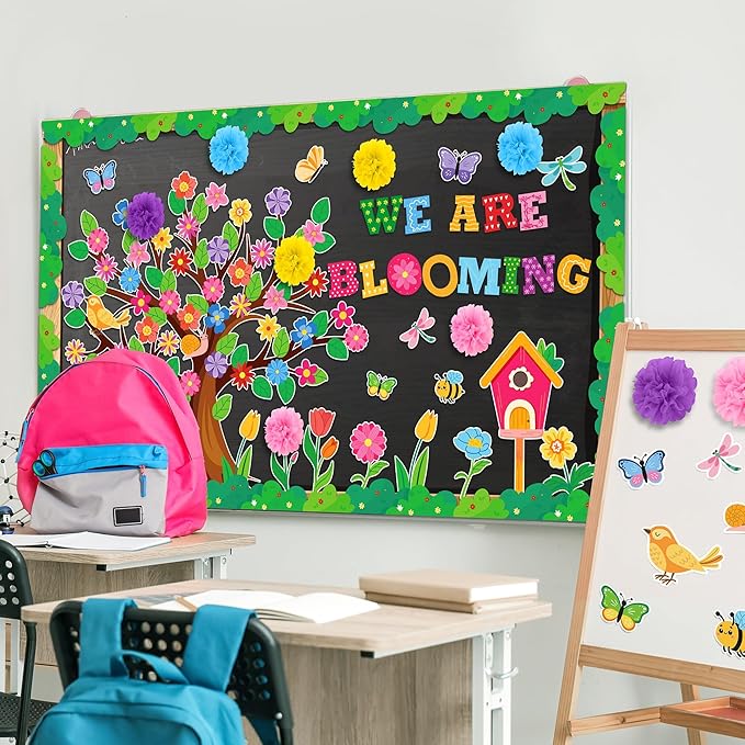 Aneco Spring Bulletin Board Decorations with 3D Paper Flowers Classroom Tree Border Trim We are Blooming Classroom Decoration Cutouts for School Home Wall Decor Supplies