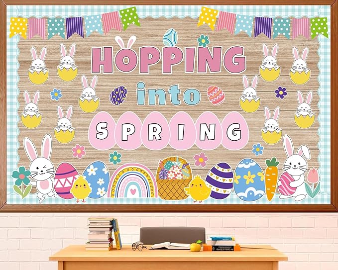 Spring Easter Bulletin Board Set Easter Bunny Eggs Bulletin Board Classroom Decorations Hopping into Spring Cutouts for Teacher Classroom School Office Chalkboard Wall Home Decor