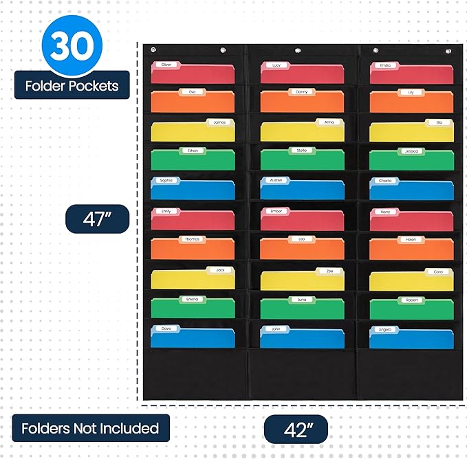 Essex Wares - 30 Pocket File Pocket Chart, Black, 42" Wide x 47" Tall - Versatile Wall Hanging File Folder Organizer for Classroom, Office, Home, and More - Wall Folder Organizer - 30 Pockets