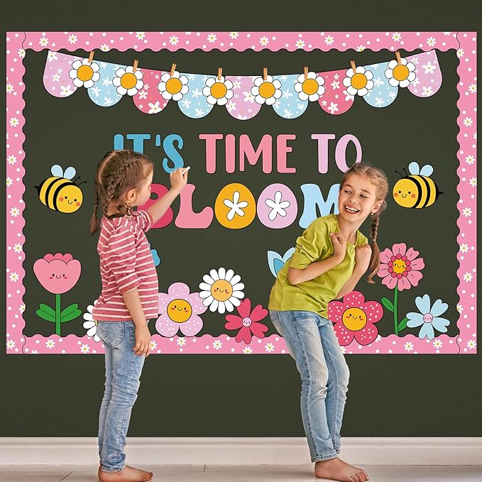 81 Pcs Spring Classroom Bulletin Board Decorations It's Time to Bloom Bulletin Board Colorful Flower Cutouts Classroom Wall Decor for Spring Elementary School Teacher Chalkboard Supplies