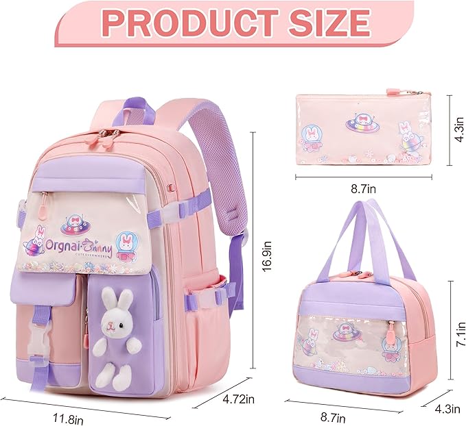 Girls Backpack Set, 3PCS Kids Backpack for Girls, Kawaii Bunny School Backpacks for Girl Kindergarten Elementary Preschool Middle School Bags with Lunch Box Pencil Case Pink