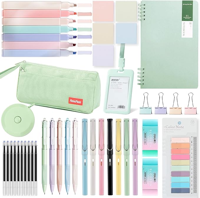 45PCS Morandi Color School Supplies Set with Notebook, Gel Ink Rollerball Pens, Pencil Cas, ID Badge Holder, fluorescent pens,Pencil, Erasers, Clip, tape measure, pen core