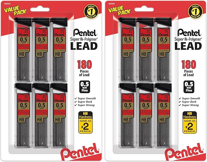 Pentel Super Hi-Polymer Refills, 0.5 mm Fine, HB, 180 Pieces of Lead (C25BPHB6), (Pack of 2)