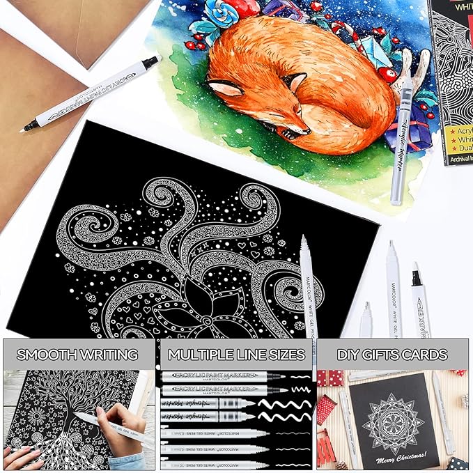 White Pens Set, 05/08/10mm Assorted Tip Opaque White Gel Pens Dual-Tip Acrylic Paint Pen Brush Tip Acrylic Markers for Black Paper Drawing, Sketching, Illustration, Card Making, 7 Pack