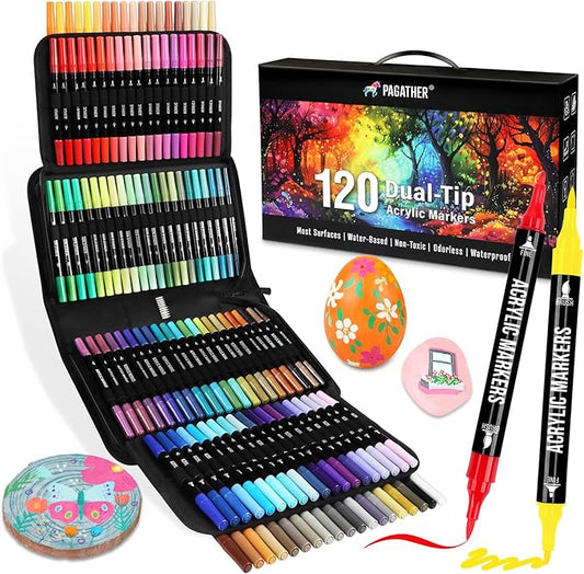 120 Colors Acrylic Paint Markers, Dual Tip Fine and Brush Tips Pens Contain 24 Metallic Color for Stone, Wood, Calligraphy, Canvas, Ceramic, Metal, Glass, Rock Painting, DIY Crafts Art Supplies Kit