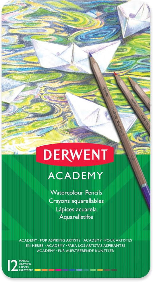 Derwent Academy Watercolor Pencils, 3.3mm Core, Metal Tin, 12 Count (2301941)