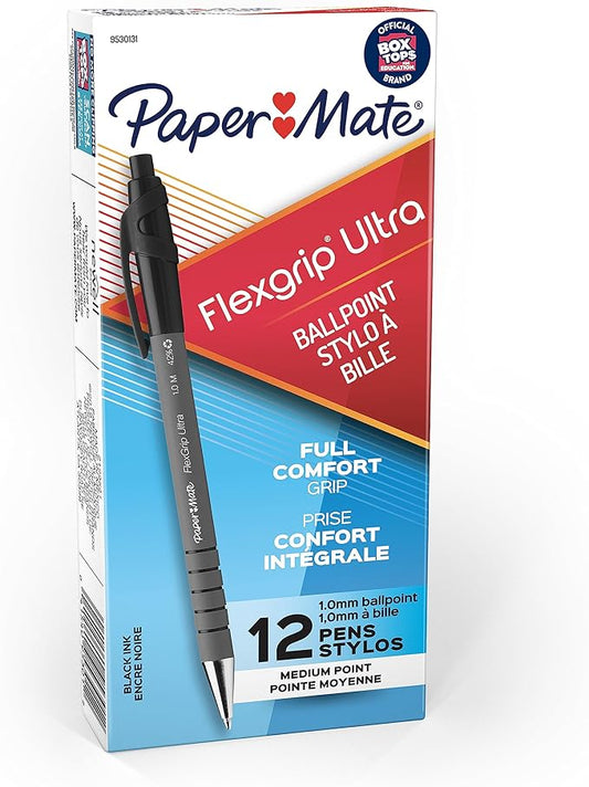 Paper Mate FlexGrip Ultra Retractable Ballpoint Pens Medium Point Black Box of 12