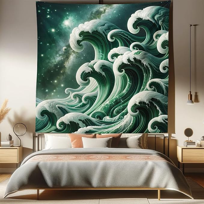 Ambesonne Green Tapestry Queen Size, Bold Marble Print Ocean Waves with a Realistic Galaxy Space Starry Sky Illustration, Wall Hanging Bedspread Bed Cover Wall Decor, 88" X 88", Dark Teal