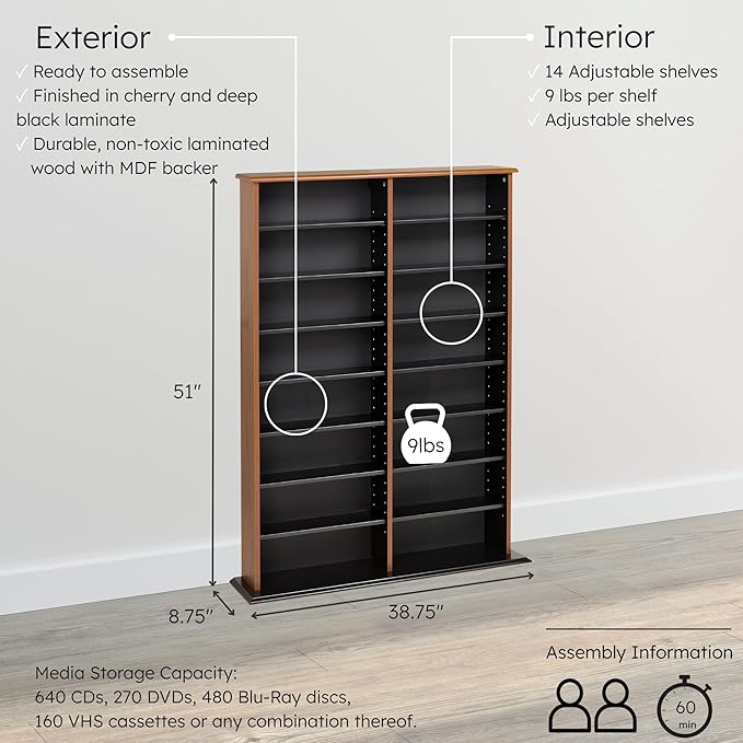 Prepac 2 Column 38.75" Wide Display Cabinet Media, Double Width Wall Storage, Cherry