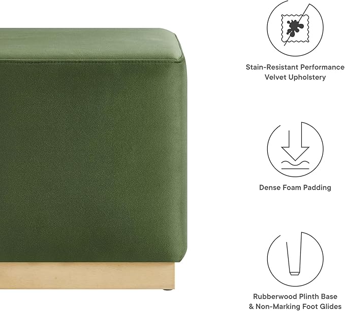 Modway Tilden 17 Inch Square Performance Velvet Upholstered Ottoman in Moss Green Natural - Small Ottoman Foot Rest with Rubberwood Plinth Base - Living Room Ottoman Side Table,