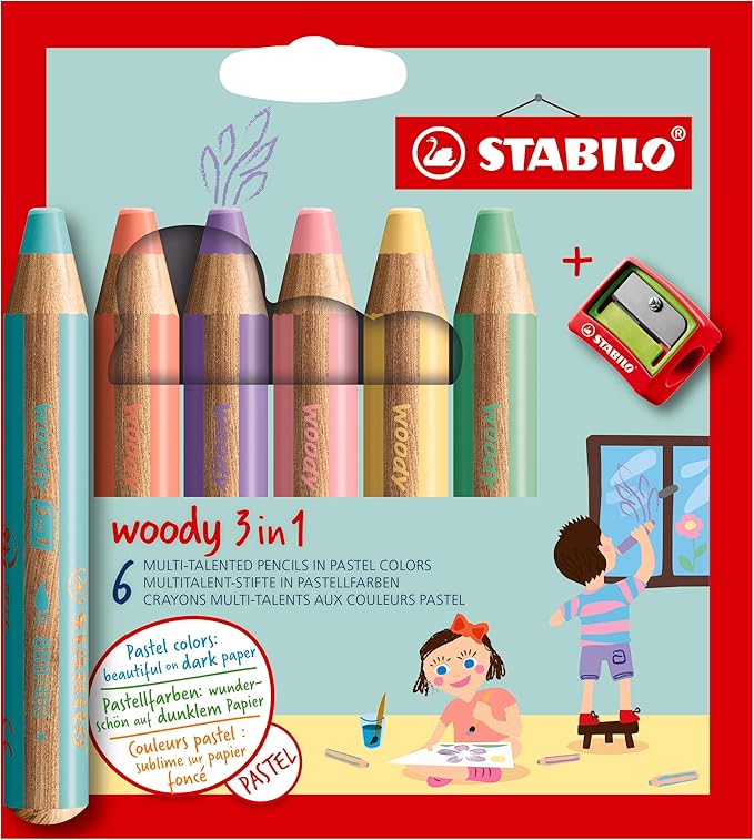 STABILO Multi-Talented Pencil woody 3 in 1 - Pack of 6 - Assorted Pastel Colors with Sharpener