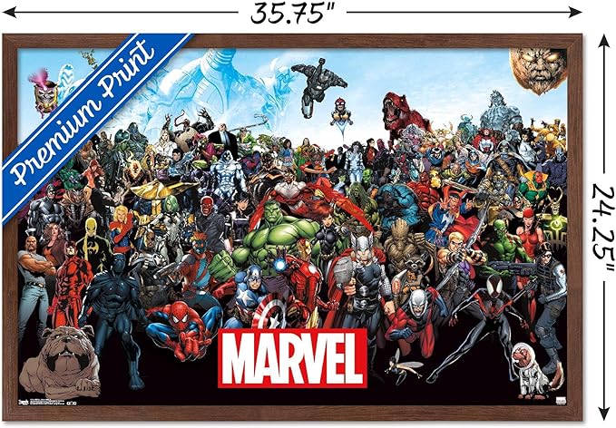 Marvel Comics The Marvel Lineup Wall Poster, 34L" x 22.4W", Mahogany Framed Version