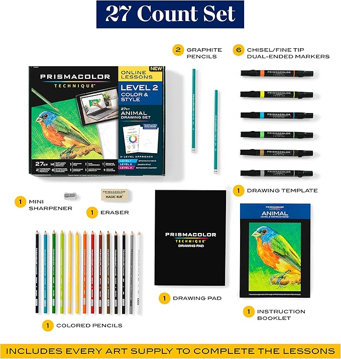 Prismacolor Technique, Art Supplies and Digital Art Lessons, Animal Drawings Set, Level 2, How to Draw Animals with Colored Pencils, Dual-Ended Markers, and More, Bird Drawing Lesson, 27 Count