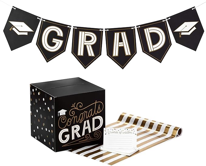 Hallmark 5GEY2000 Graduation Party Kit, Black and Gold (Banner, Table Runner, Card Box, 25 Advice Cards) Graduation Kit, One