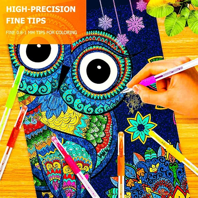 Soucolor Glitter Gel Pens for Adult Coloring Books, School Art Class Supplies,120 Pack-60 Glitter Pens, 60 Refills and Travel Case, 40% More Ink Markers Set for Drawing Doodle Journaling Planner Craft