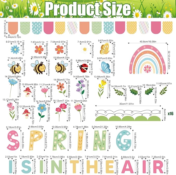 Spring Flower Bulletin Board Set Floral Classroom Bulletin Board Decoration with Rainbow Flowers Bee Paper Cutouts Spring in The Air Themed Classroom Wall Decor for School Chalkboard Teacher Supplies