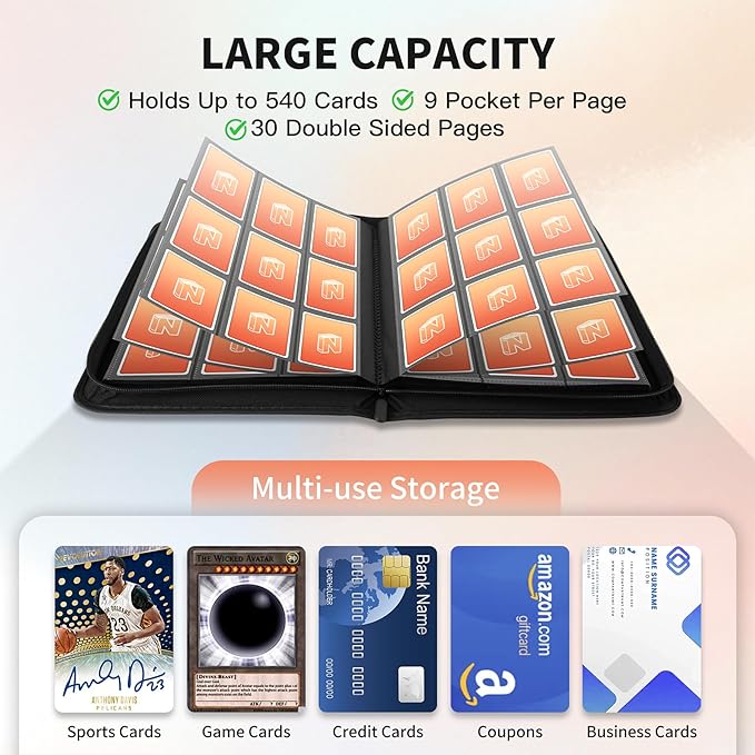 Trading Card Binder, Premium 9 Pocket 540 Double Sided Pocket Collection Binder, Card Album for TCG Card Holder for Game Card, Sports Card, Yugioh, MTG etc(Black)