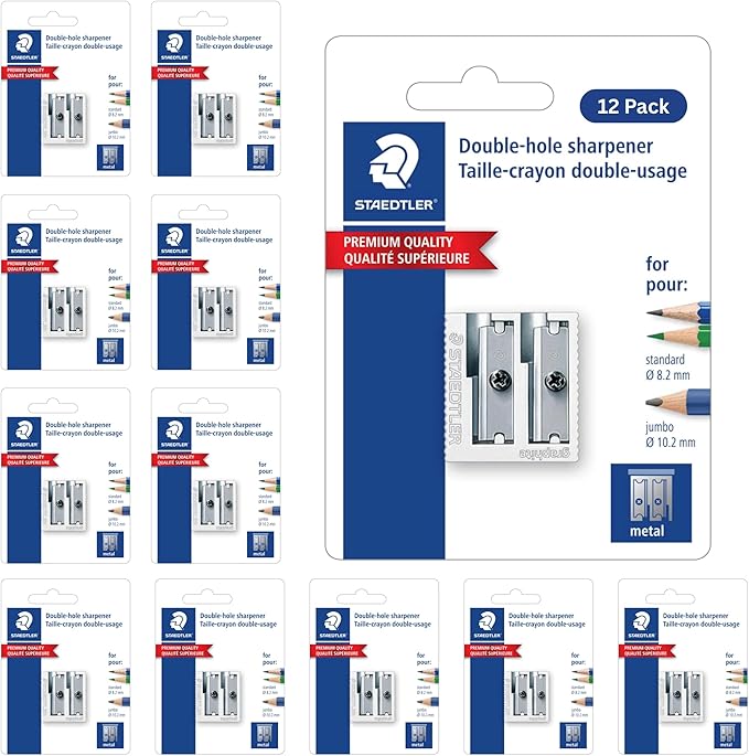 STAEDTLER Metal Double-Hole Pencil Sharpener - Precision 23° & 30° Angles for Standard & Colored Pencils - 3-Point Blade Design for Sharp Lines, 12 Pack