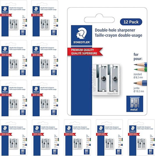 STAEDTLER Metal Double-Hole Pencil Sharpener - Precision 23° & 30° Angles for Standard & Colored Pencils - 3-Point Blade Design for Sharp Lines, 12 Pack