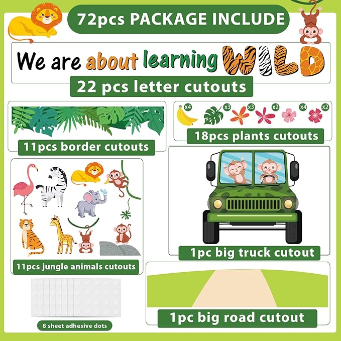 72PCS We Are Wild About Learning Bulletin Board Set Jungle Animals Truck Classroom Decoration Wild Monkey Elephant Safari Paper Cutouts for Teacher Summer Back to School Chalkboard Wall Decor Supplies