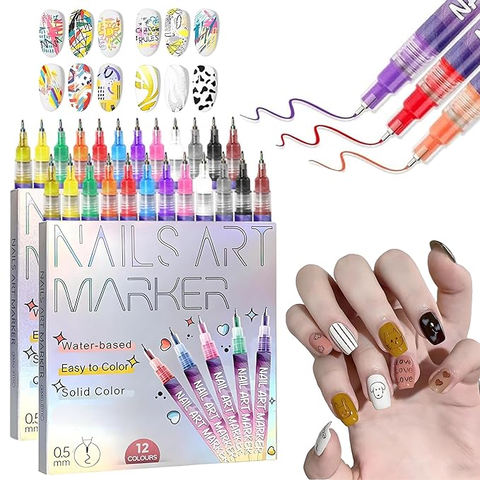 12 Colors Nails Art Pens Set,Nails Art Markers for Gel Nails,Fine Tip Nails Art Pen 0.5mm,Drawing Painting Liner Brush for DIY Nails Art Drawing Painting Tools (B-2 Sets)