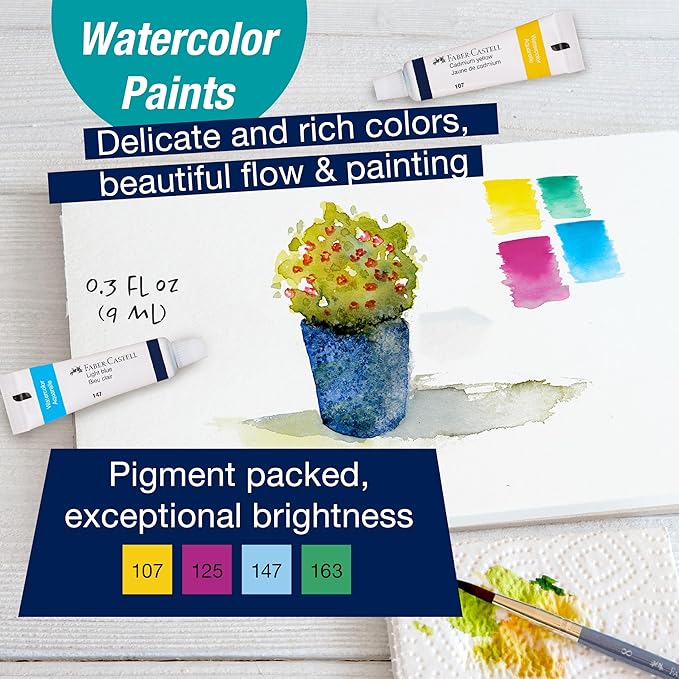 Faber-Castell Try It Box: Wet Mediums, 13 Piece Watercolor Art Set including Watercolor Pencils & Paint, Water Brush Pen and Paint Water Cup