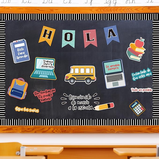 55 Pcs Spanish Back to School Classroom Bulletin Board Sets Colorful Pencil Notebook Schoolbag Paper Cutouts First Day of Bulletin Board Decor for School Chalkboard Wall Door Decor Supplies