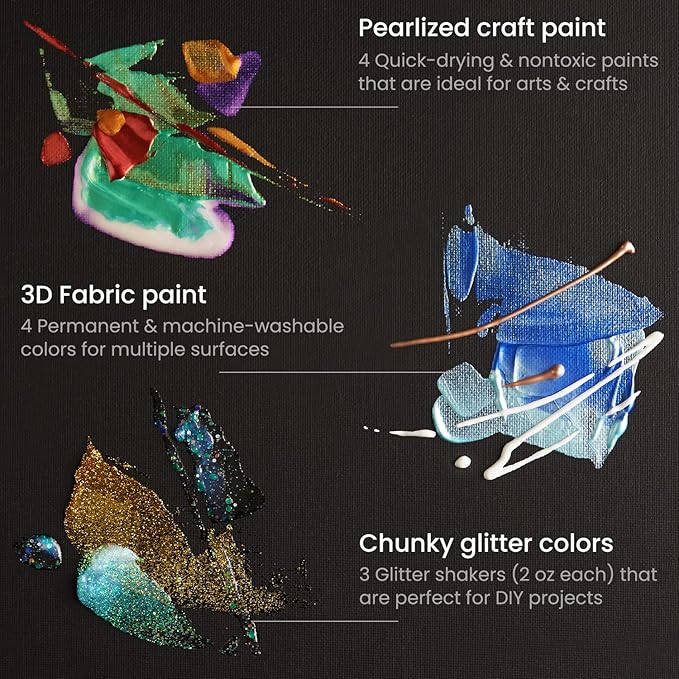 Arteza Acrylic Pouring Paint Kit, 36 Pieces, Bright and Iridescent Pouring Paint, Pearlized Paint, 3D Fabric Paint, Chunky Glitter, Wood Slices, Canvases, and Foam Brushes, Art Supplies for Painters