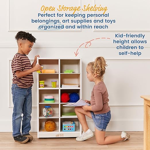 ECR4Kids 10 Cubby Mobile Tray Storage Cabinet, 5x2, Classroom Furniture, White Wash