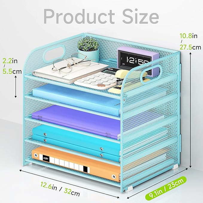 2 Pack 5 Tier Paper Organizer, Letter Tray with Handle, Mesh Desk Organizer, Metal File Organizer, Office Desk Accessories for Home, Office, Classroom, School -Blue
