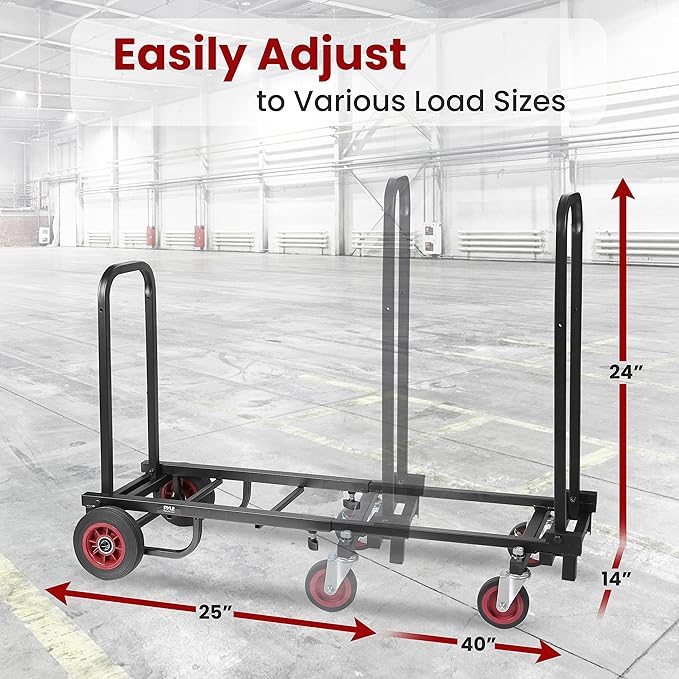 Pyle Compact Folding Adjustable Equipment Dolly - Heavy Duty 8-in-1 Convertible Cart Hand Truck/Dolly/Platform Cart with R-Trac Wheels - Expandable Up to 25.24" to 40.24" - 200 LBS MAX Load Capacity