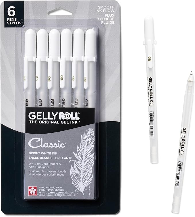 SAKURA Gelly Roll Classic Gel Pens, Opaque White Ink, Ass't Tips 05/08/10, 6 PK 57461